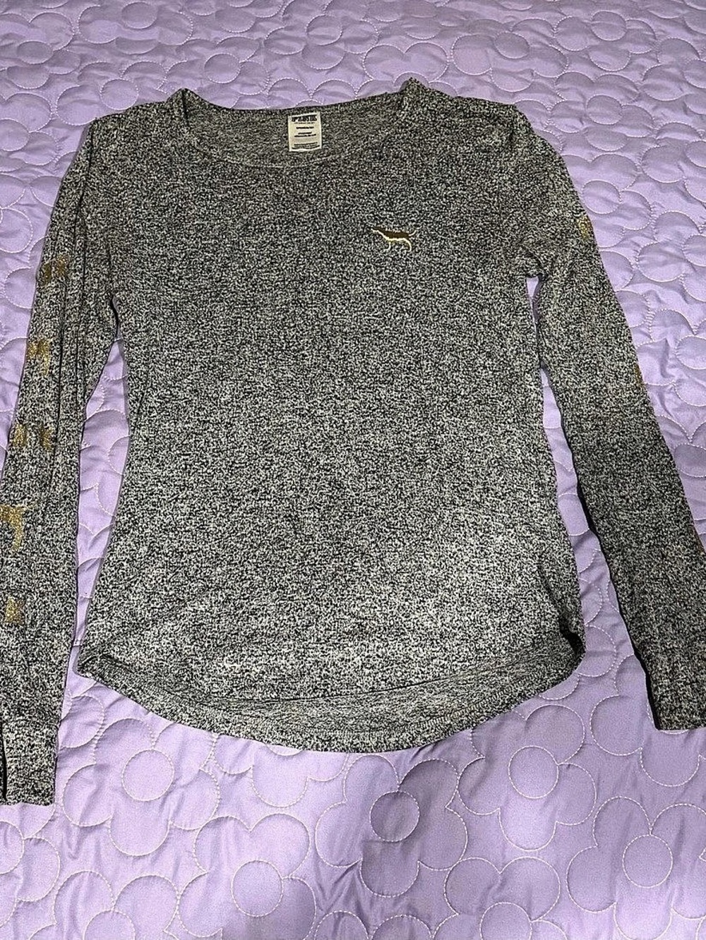 PINK Long Sleeve Graphic Top in Gray & Gold Size Small